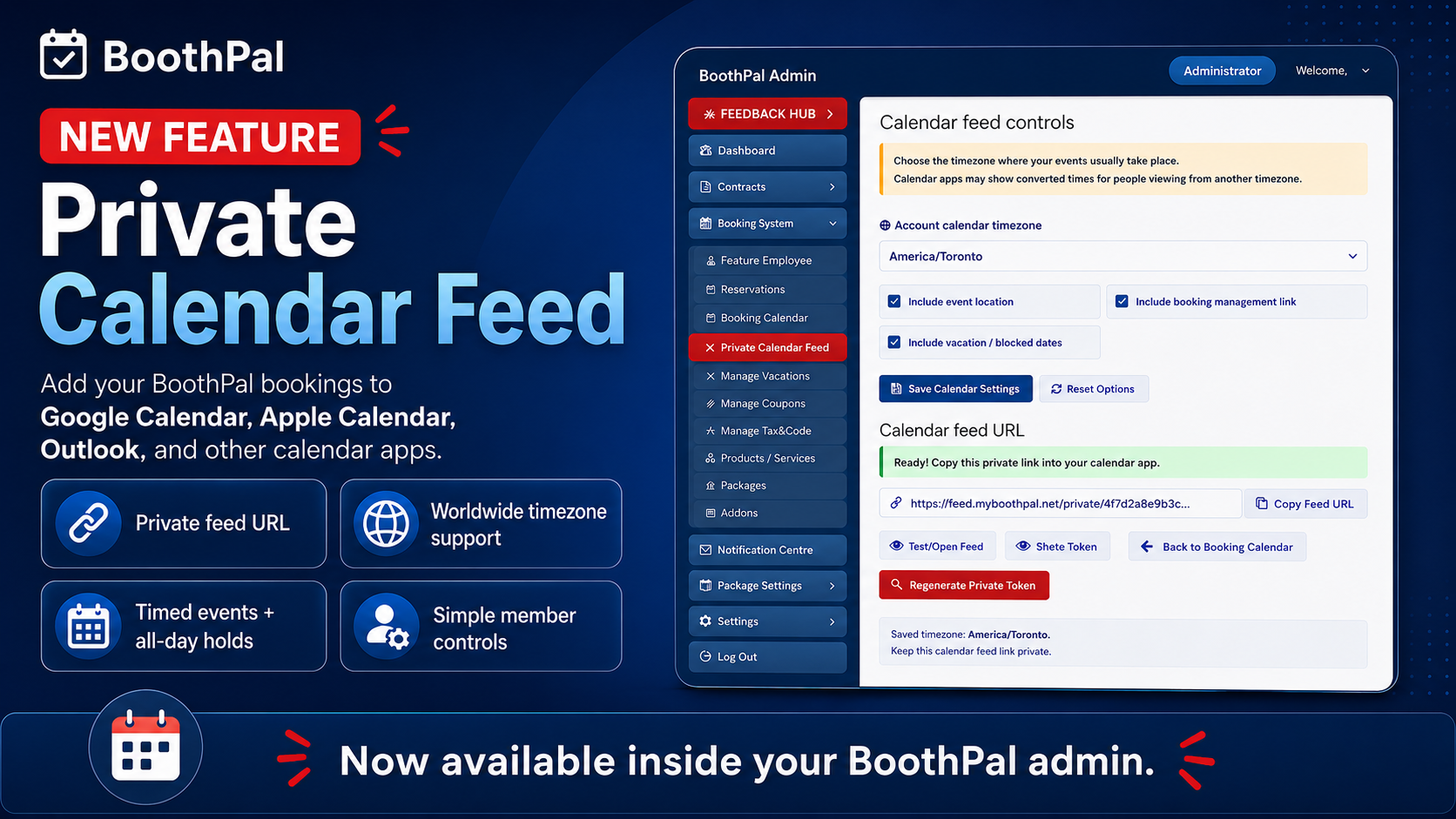PRIVATE CALENDAR FEED photo booth booking software feature